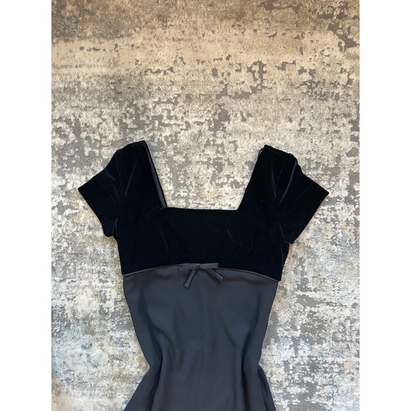 VTG 90s Velvet Sqaure‎ Neck bow detail babydoll black maxi Dress 6 whimsigoth - Picture 4 of 7